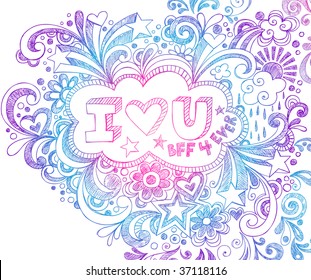 Hand-Drawn I Love You Sketchy Notebook Doodle on Lined Paper Background