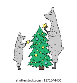 Hand-drawn lovely poster with a lama family decorate the Christmas tree. 