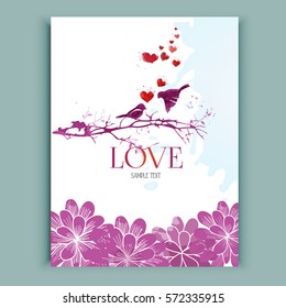 Hand-drawn lover birds on  branches, watercolor card, hearts and flowers, vector