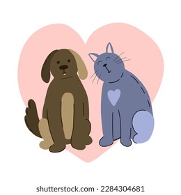 
hand-drawn lovers cat and dog on the background of the heart. valentine