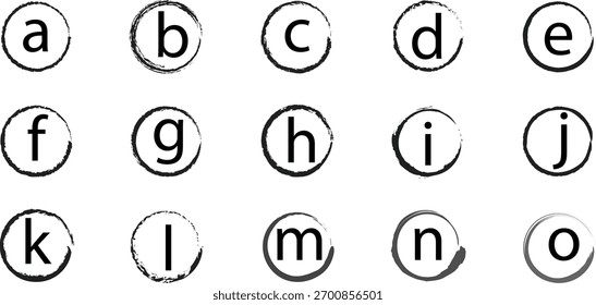 Conjunto de alfabetos em minúsculas desenhado à mão (a-o): Letras pretas grunge em ícones de círculo aflito.