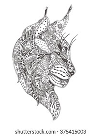 Hand-drawn lynx with ethnic floral doodle pattern. Coloring page - zendala, design for spiritual relaxation for adults, vector illustration, isolated on a white background. Zen doodles.