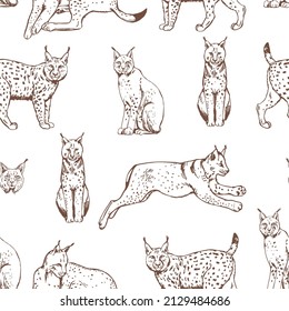 Hand-drawn lynx. Vector  seamless pattern