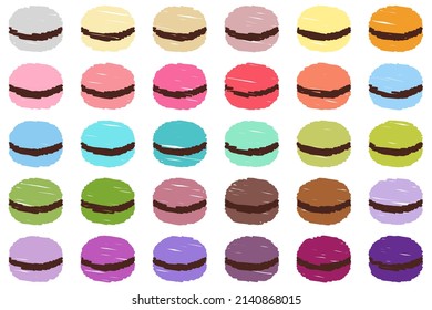 Hand-drawn macarons, colorful chalk set on the white background.