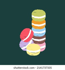Hand-drawn macarons, colorful chalk set on the green background.