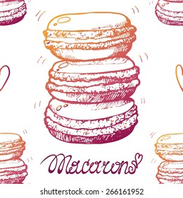 Hand-drawn macarons. Delicious food drawn by hand. Isolated vector illustration. Pattern.