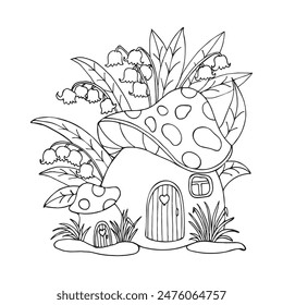 Hand-drawn magic mushroom house in lily of the valley flowers. Illustration for coloring, sketch, vector