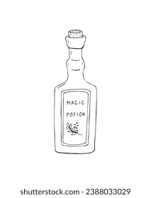 Hand-drawn Magic Potion bottle.  Magic elixir bottle. Illustration of the magic bottle with cork. Vector illustration isolated on a white background. Hand drawn Illustration for witches. 