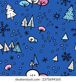 Magnífica textura de invierno dibujada a mano con abetos nevados y copos de nieve. Patrón decorativo sin fisuras para la Navidad y el diseño gráfico de año nuevo. Ilustración vectorial editable en azul, blanco, color rosa. 