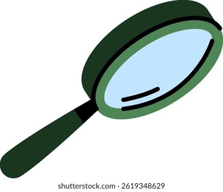 A hand-drawn magnifying glass features a dark handle and a light blue lens.  The simple illustration depicts a search tool with a bold outline for examination. Cartoon vector illustration