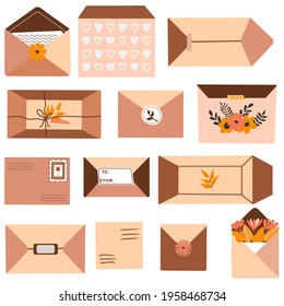 Hand-drawn mail envelope set with different designs in pastel colors. 