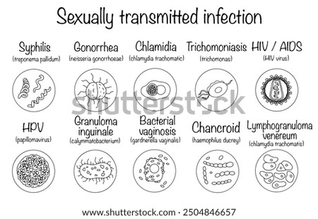 Hand-drawn main pathogens of sexually transmitted diseases. Medical vector for different types of use.