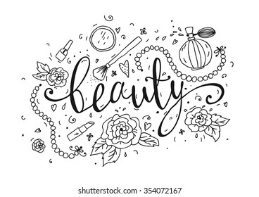 Handdrawn makeup items collection, vector doodle set with flowers, nail polish, mirror, perfume, lipstick, powder brush and lettering.