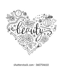 Handdrawn makeup items collection, vector doodle set with flowers, nail polish, mirror, perfume, lipstick, powder brush and lettering.