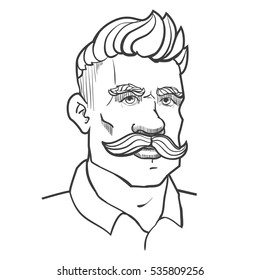 Hand-drawn man with mustache and hairstyle. Vector Illustration isolated on white background