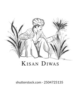 Hand-drawn man sitting in the field, A farmer cutting crops illustration, A vector line art of a Indian Villager