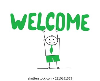 A hand-drawn man in a tie holds a large "welcome" sign. Office worker welcomes.