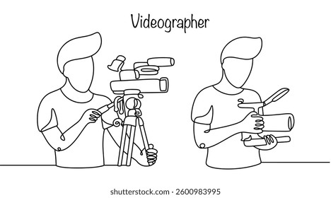 A hand-drawn man with a video camera. The videographer operates the camera, chooses angles, lighting, and is responsible for the technical part of the video production process. Vector illustration
