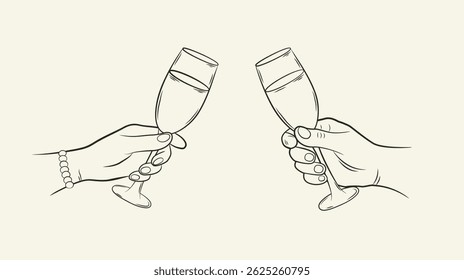 Hand-drawn man and woman hands holding a champagne glass. Monochrome ink sketch. Ideal for wedding, celebration, party, New Year, birthday, or romantic design.