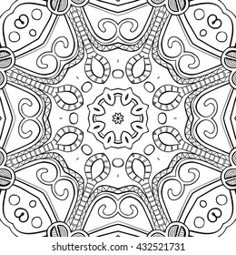 Hand-drawn mandala for coloring, square background, lace ornament pattern, monochrome contour mandala, EPS 8