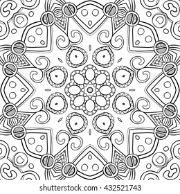 Hand-drawn mandala for coloring, square background, lace ornament pattern, monochrome contour mandala, EPS 8