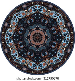 Hand-drawn mandala design. Concept image for card, yoga studio, meditation, cushion Indian, Arabic, African or Thai cuisine restaurants ads, tattoo salon. Round for paisley, eastern cucumber.