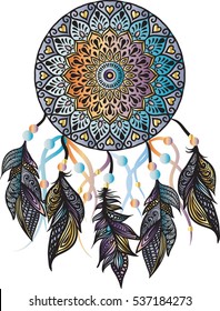 Hand-drawn mandala with dreamcatcher with feathers in beautiful gradient colors. Ethnic illustration, tribal svg