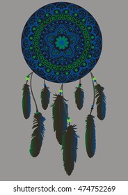 Hand-drawn mandala with dreamcatcher with feathers in black, green and blue colors. Ethnic illustration, tribal