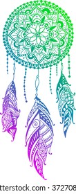 Hand-drawn mandala dreamcatcher with feathers. Ethnic illustration, tribal, American Indians traditional symbol.