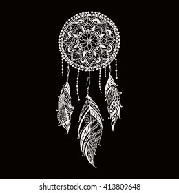 Hand-drawn mandala dreamcatcher with feathers. Ethnic illustration, tribal, American Indians traditional symbol.