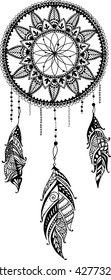 Hand-drawn mandala dreamcatcher with feathers. Ethnic illustration, tribal, American Indians traditional symbol. svg
