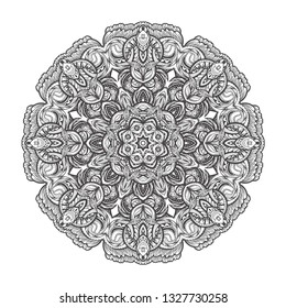 Hand-drawn mandala with ethnic floral doodle pattern. Coloring page - zendala, design for spiritual relaxation for adults, vector illustration, isolated on a white background. Zen doodles.