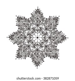 Hand-drawn mandala with ethnic floral doodle pattern. Coloring page - zendala, design for spiritual relaxation for adults, vector illustration, isolated on a white background. Zen doodles.