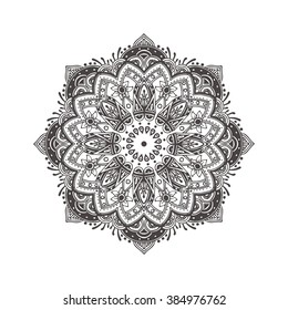 Hand-drawn mandala with ethnic floral doodle pattern. Coloring page - zendala, design for spiritual relaxation for adults, vector illustration, isolated on a white background. Zen doodles.