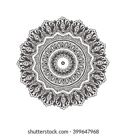 Hand-drawn mandala with ethnic floral doodle pattern. Coloring page - zendala, design for spiritual relaxation for adults, vector illustration, isolated on a white background. Zen doodles.