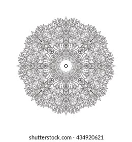 Hand-drawn mandala with ethnic floral doodle pattern. Coloring page - zendala, design for spiritual relaxation for adults, vector illustration, isolated on a white background. Zen doodles.