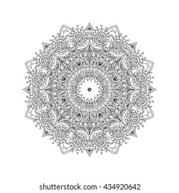 Hand-drawn mandala with ethnic floral doodle pattern. Coloring page - zendala, design for spiritual relaxation for adults, vector illustration, isolated on a white background. Zen doodles.