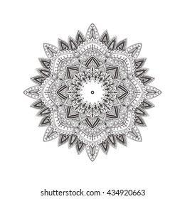 Hand-drawn mandala with ethnic floral doodle pattern. Coloring page - zendala, design for spiritual relaxation for adults, vector illustration, isolated on a white background. Zen doodles.