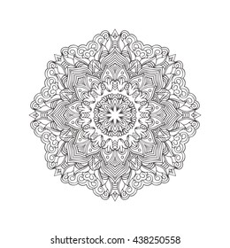 Hand-drawn mandala with ethnic floral doodle pattern. Coloring page - zendala, design for spiritual relaxation for adults, vector illustration, isolated on a white background. Zen doodles.