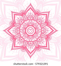 Hand-drawn mandala with ethnic floral doodle pattern. zendala, design for spiritual relaxation for adults, vector illustration, pink isolated on a white background. Zen doodles with hearts.