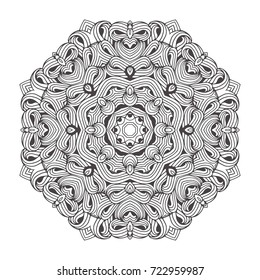 Hand-drawn mandala with ethnic floral doodle pattern. Coloring page - zendala, design for spiritual relaxation for adults, vector illustration, isolated on a white background. Zen doodles.