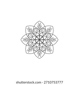 Uma mandala desenhada à mão com um núcleo circular central rodeado por três folhas simétricas. O design combina fluxo orgânico com equilíbrio geométrico, simbolizando crescimento, harmonia e energia natural. T
