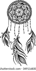 Hand-drawn mandala  with ink dreamcatcher with feathers. Ethnic illustration, tribal