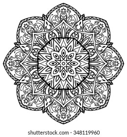 Hand-drawn mandala with pineapple on white background. East vector round ornament.