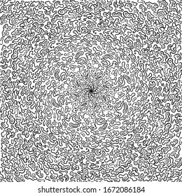 Hand-drawn mandala-type Doodles have black contour repeating elements on a white background. Coloring pages for adults and children. Abstract spots. Small parts. Vector