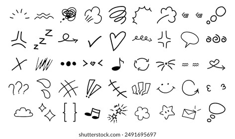 Hand-drawn manga comic expression doodle sketch. Cute elements in scribble style. Vector set