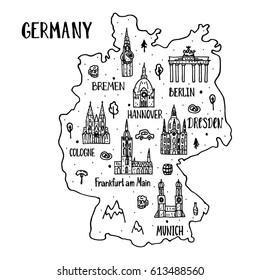 Handdrawn map of Germany with main symbols and lettering of main cities.  Poster design or postcard illustration. 