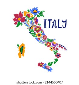 Handdrawn map of italy with colourful flowers. Visit Italy concept. Poster design or postcard illustration. Business travel card.