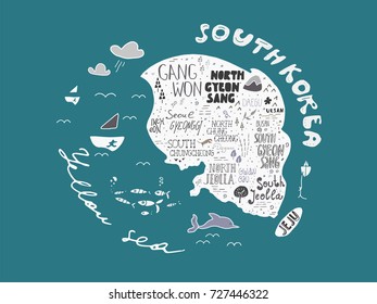 Hand-drawn map of Korea vector with names of areas illustration, design. Doodle style elements and lettering signs for travel to Korea concept