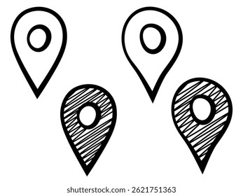 Localizadores de mapas desenhados à mão ou ponteiros de localização. Fixar ícones isolados em um fundo branco.